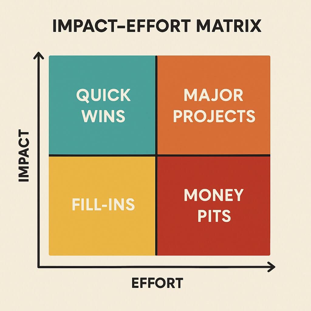 Impact-Effort Matrix with four quadrants labeled Quick Wins, Major Projects, Fill-Ins, and Money Pits