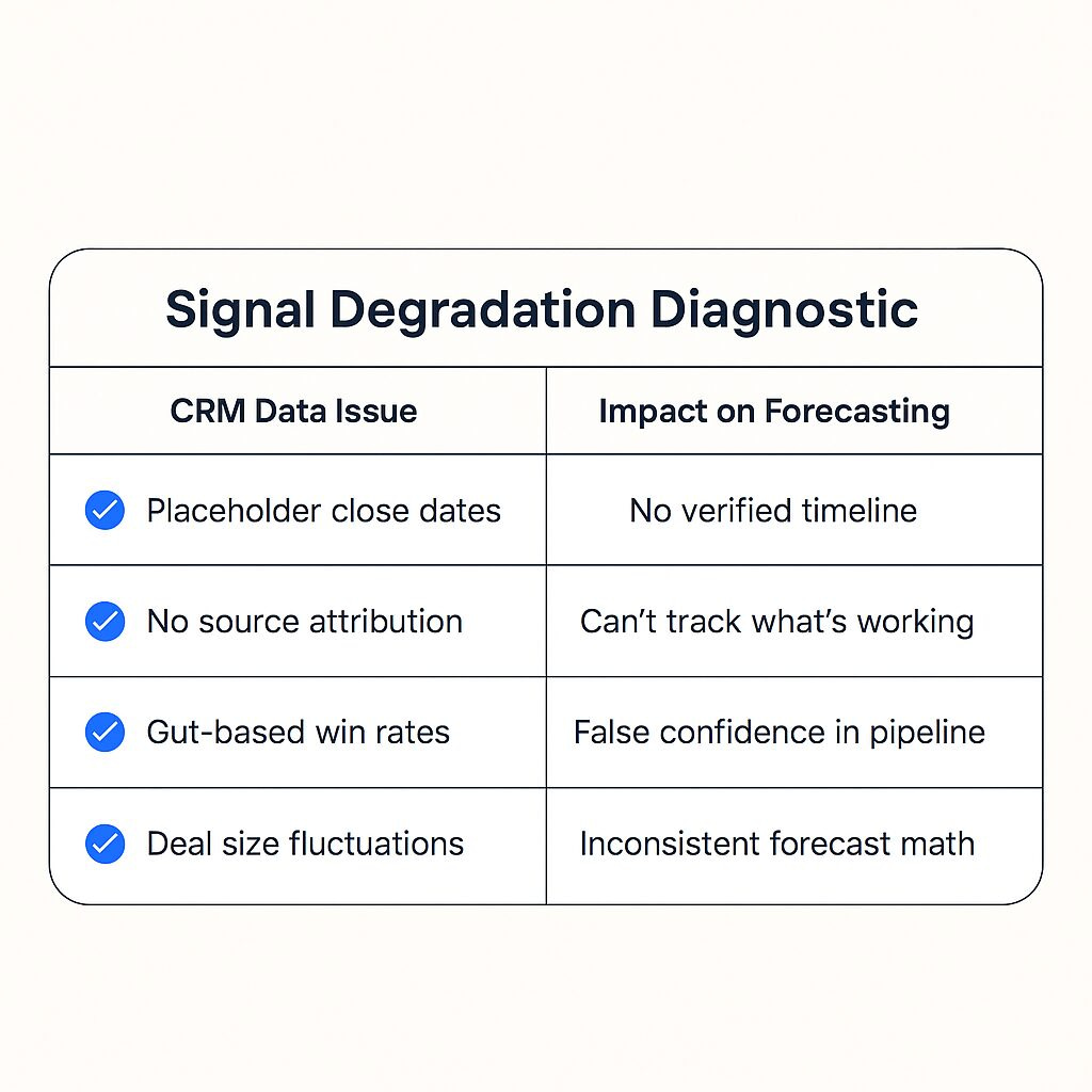 Two-column diagnostic table showing CRM data issues and their impact on forecasting, including placeholder close dates, no attribution, gut-based win rates, and deal size fluctuations