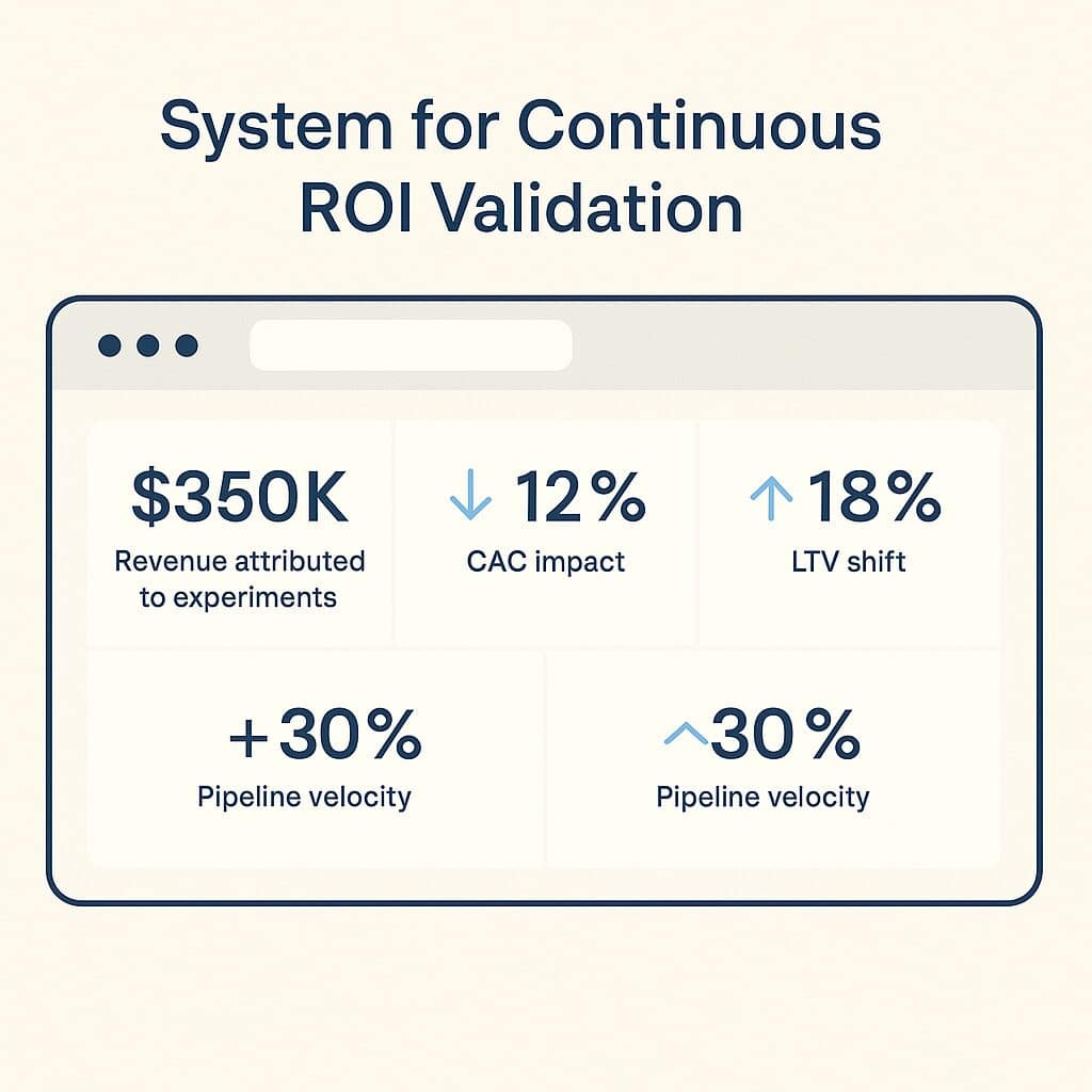 Flat-style dashboard mockup showing KPIs for revenue attributed to experiments, CAC impact, LTV shift, and pipeline velocity