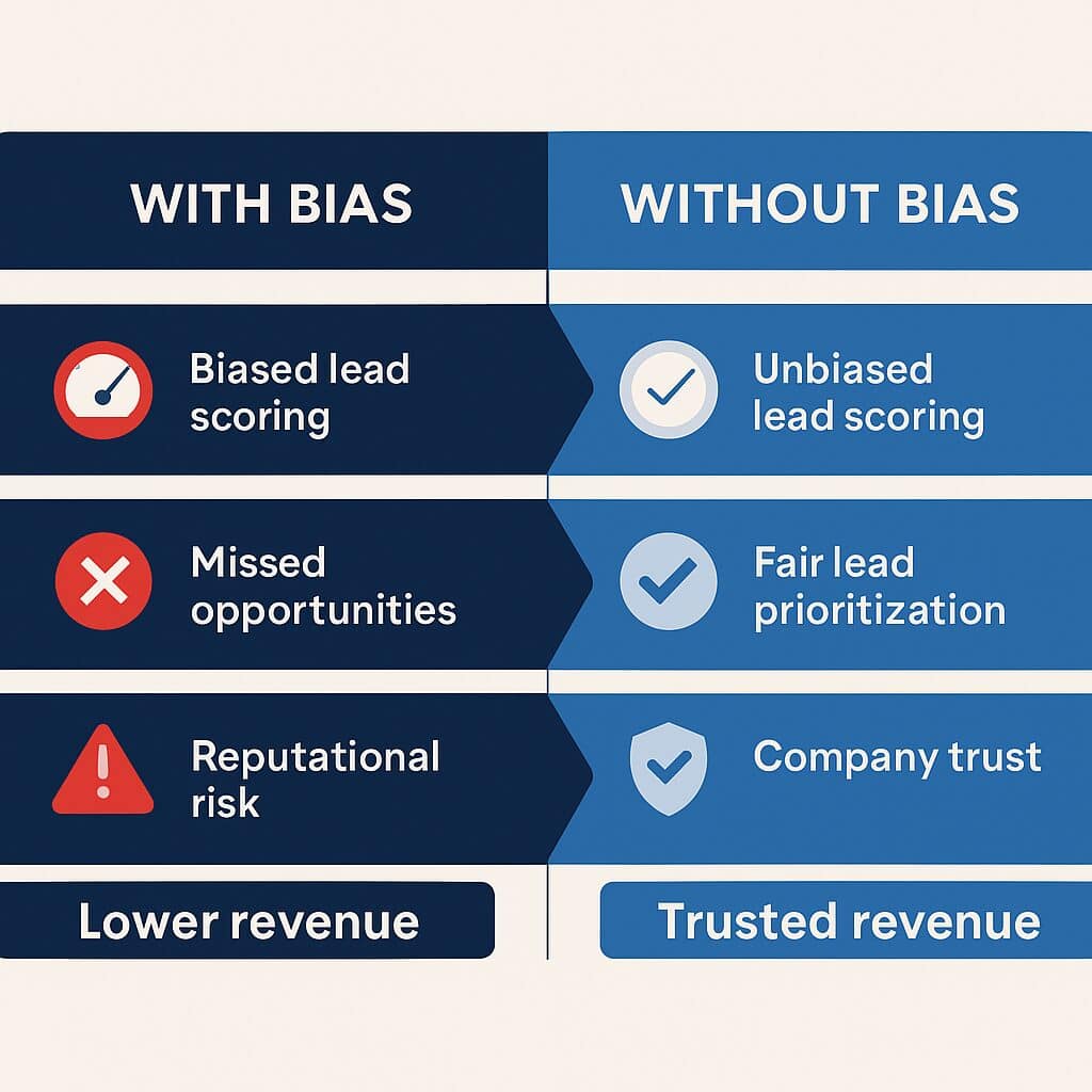 Comparison table showing biased lead scoring leading to lower revenue versus unbiased scoring leading to trusted revenue