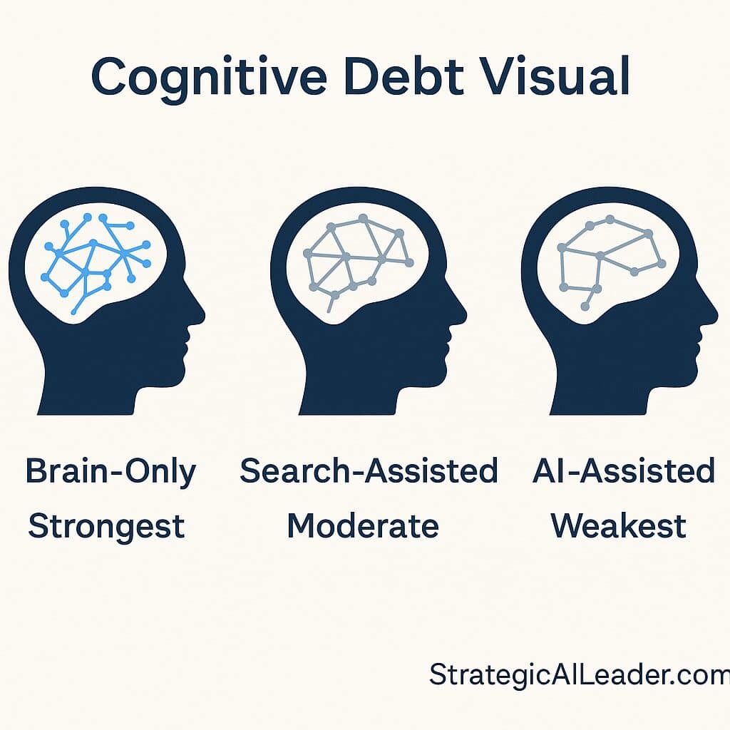 Flat-style infographic comparing brain engagement in three states: Brain-Only (strongest), Search-Assisted (moderate), and AI-Assisted (weakest).