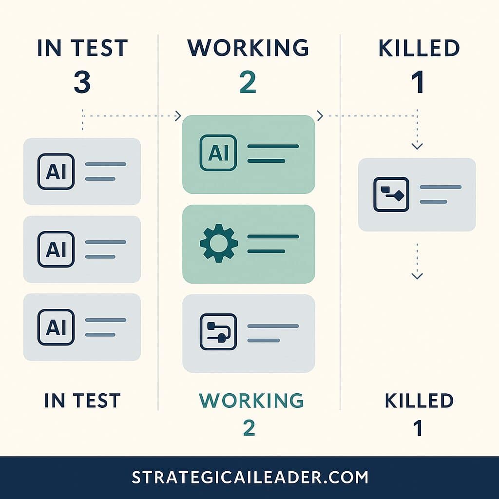 Flat-style Kanban dashboard showing three columns labeled In Test, Working, and Killed with AI and workflow icons beside each card, illustrating continuous experimentation.