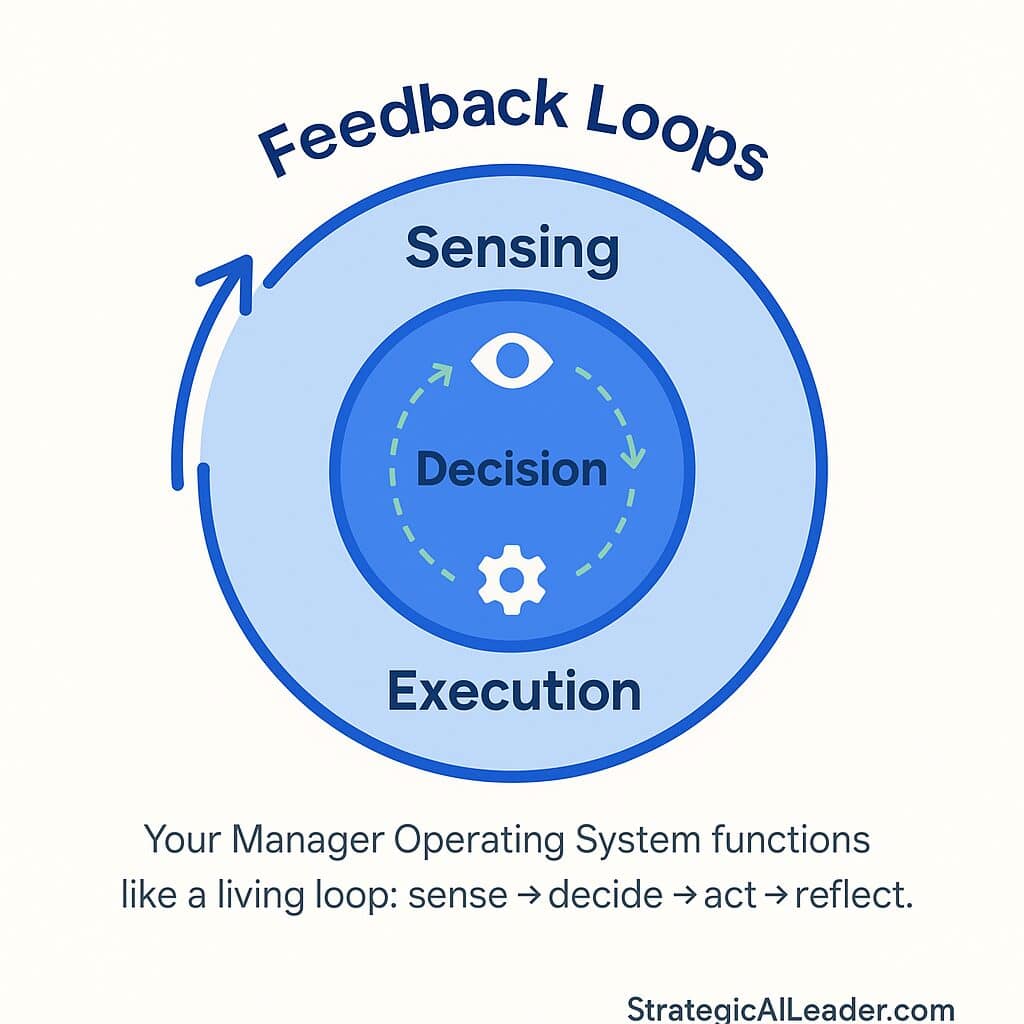 Flat-style circular diagram showing the Manager Operating System with layers for Sensing, Decision, and Execution surrounded by a Feedback Loops ring, branded with StrategicAILeader.com.