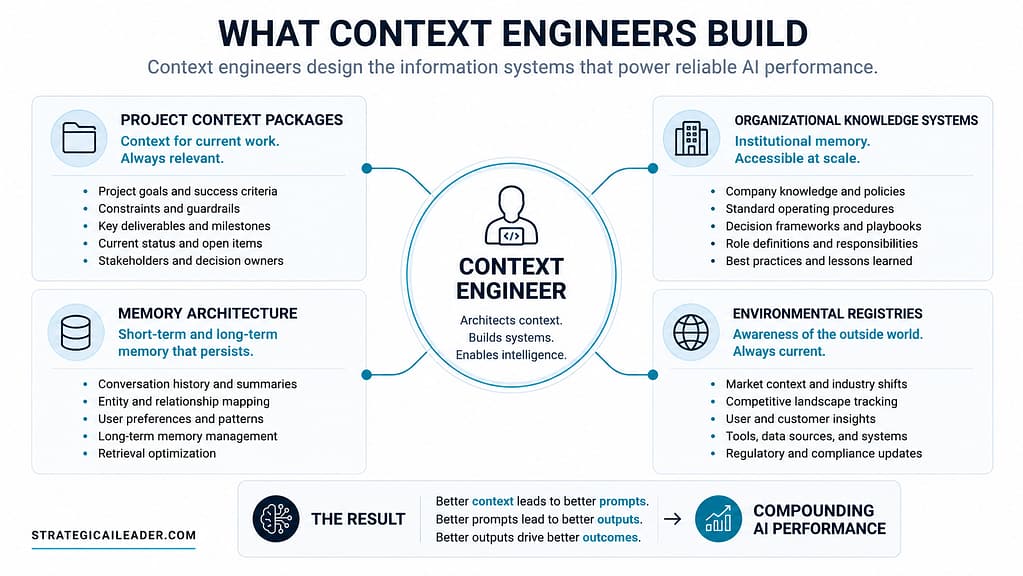 Framework diagram showing a context engineer connected to project context packages, organizational knowledge systems, memory architecture, and environmental registries that improve AI performance