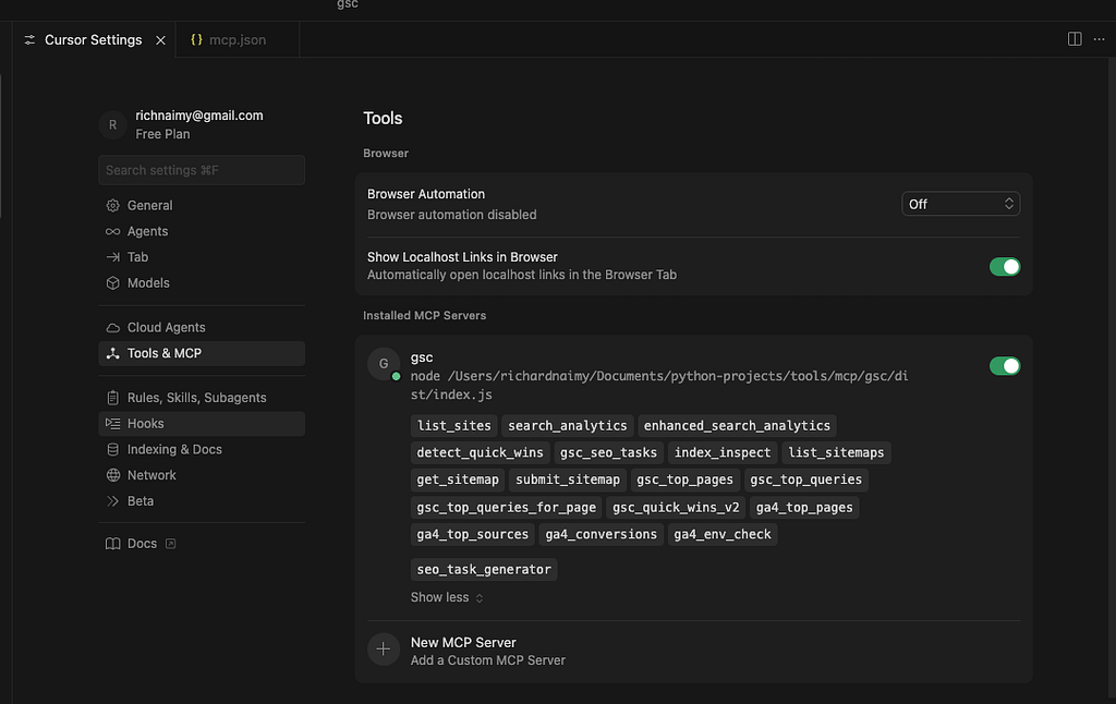 View of MCP setup on Cursor