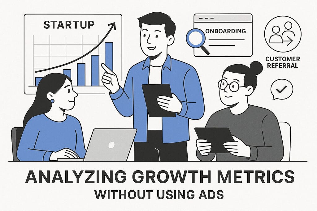 Team analyzing startup growth metrics through onboarding and customer referrals without using ads. By Richard Naimy