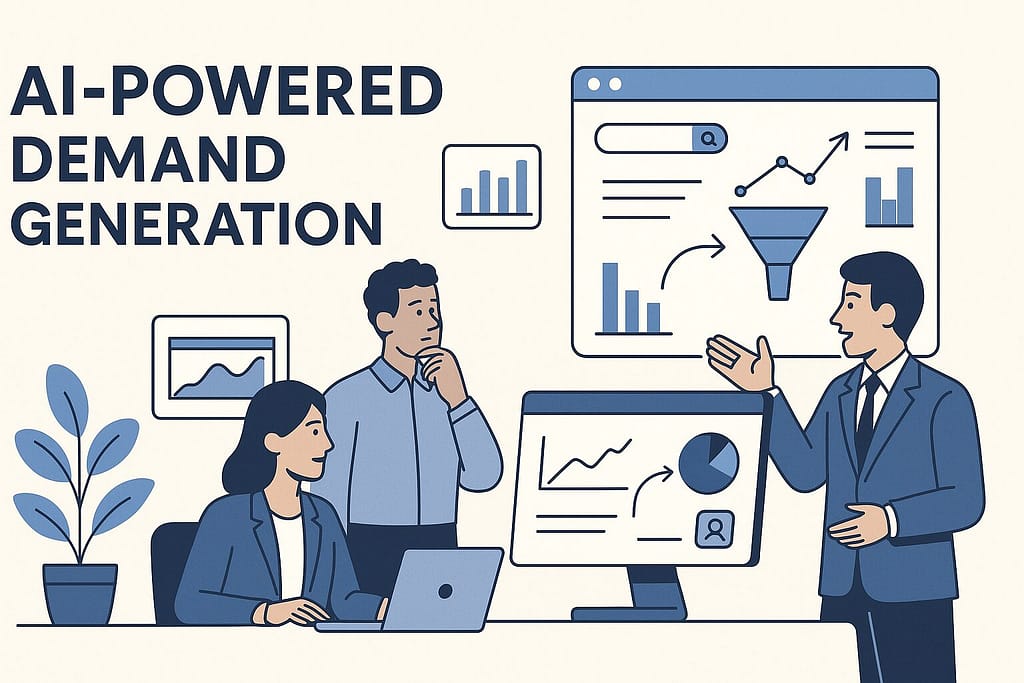 Flat-style illustration of professionals using AI-powered demand generation tools with data charts and funnel graphics in a modern office setting.