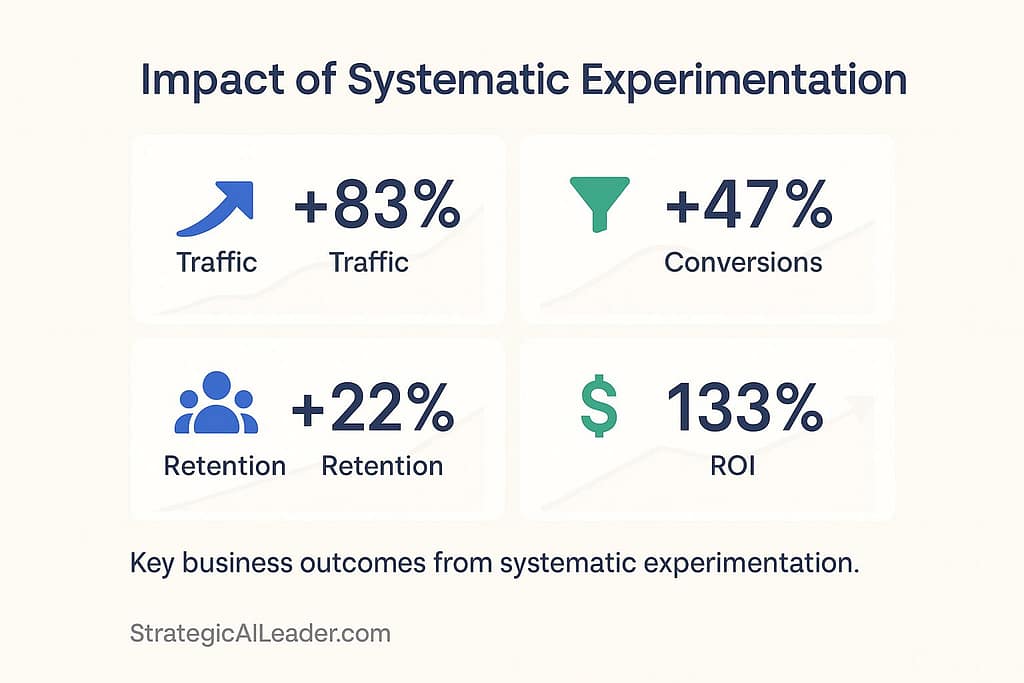 Flat SaaS infographic dashboard showing key results from systematic experimentation with metrics Traffic +83%, Conversions +47%, Retention +22%, ROI 133%