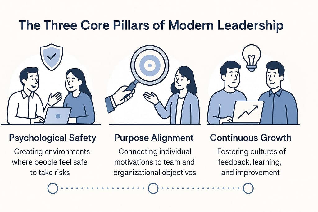 Flat-style infographic showing the three core pillars of modern leadership: Psychological Safety, Purpose Alignment, and Continuous Growth, with icons and professional illustrations.