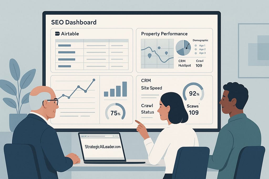 Flat-style illustration of three professionals analyzing an SEO ROI dashboard with layers showing financial outcomes, channel trends, and technical metrics.