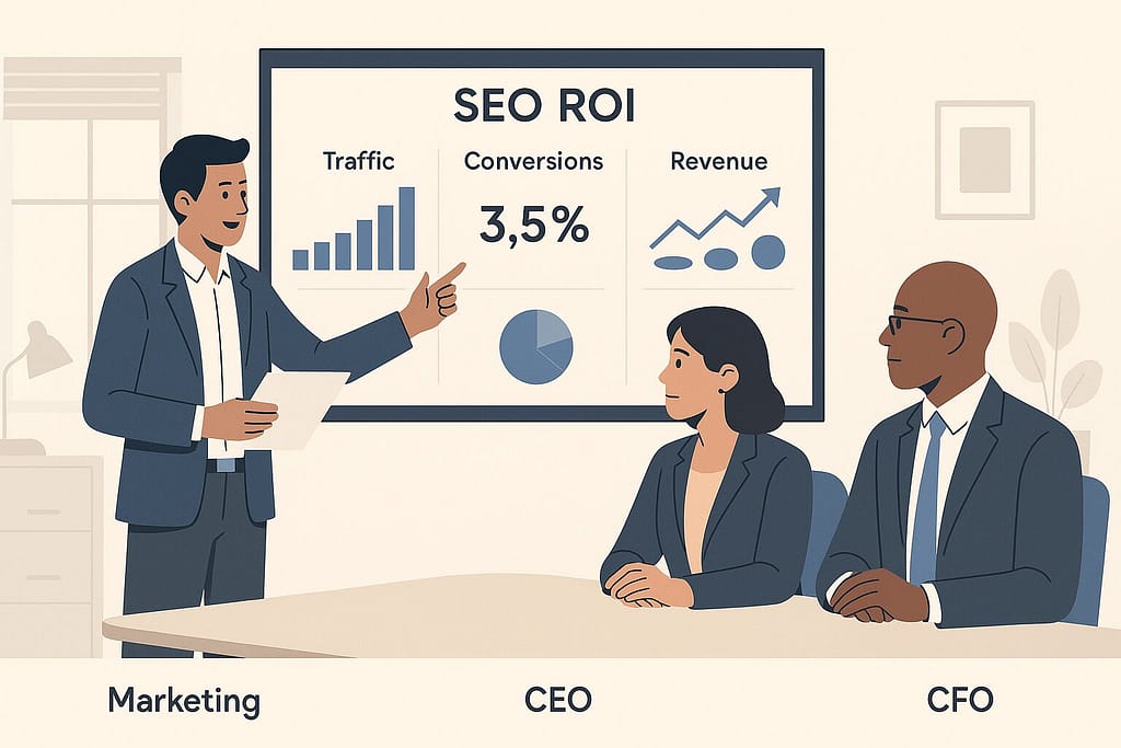 Flat-style illustration of a marketing leader presenting SEO ROI metrics to a CEO and CFO in a modern office setting.