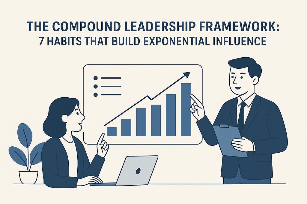 Flat-style digital illustration of The Compound Leadership Framework showing two professionals discussing an upward-trending bar graph symbolizing exponential leadership growth.