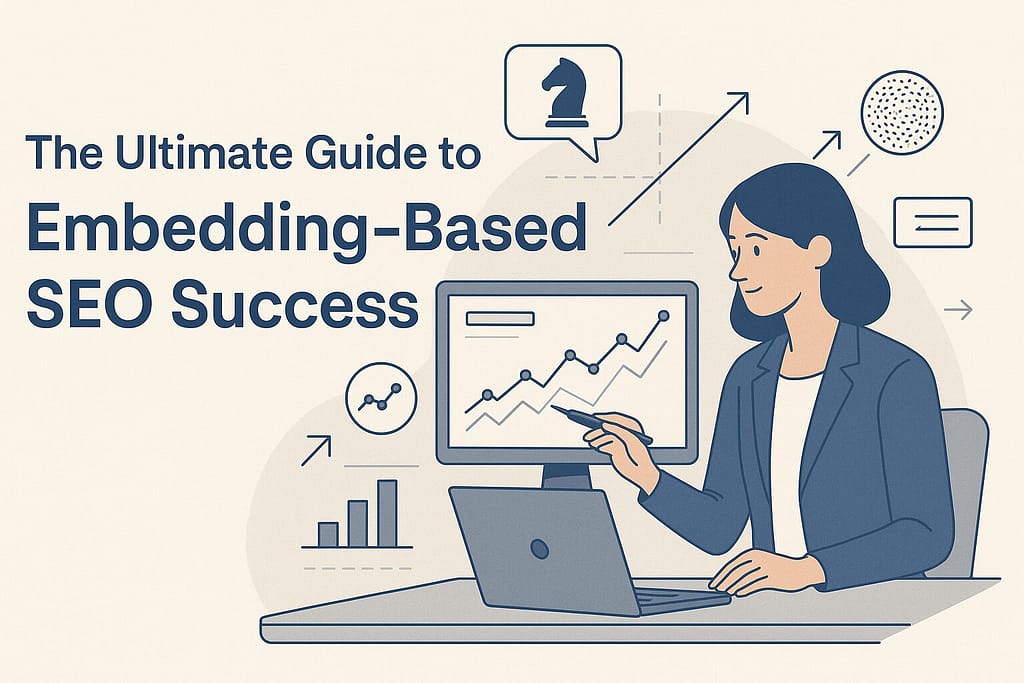 Flat-style illustration of a woman analyzing SEO data with graphs, icons, and the title “The Ultimate Guide to Embedding-Based SEO Success”