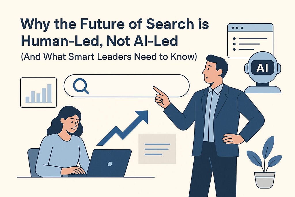 Flat-style illustration of human-led search strategy showing a businesswoman on laptop, businessman pointing at search bar, and AI robot in background.