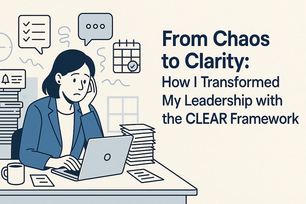 Flat-style illustration of a stressed leader transforming chaos into clarity using the CLEAR Framework.
