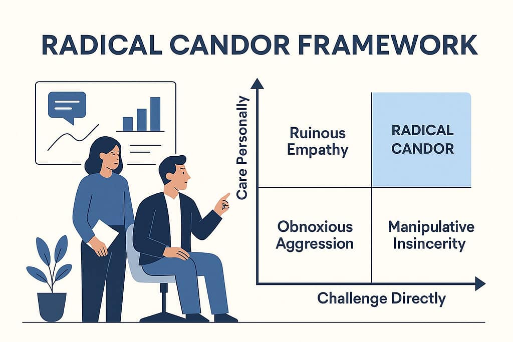 Flat-style illustration of the Radical Candor framework with a care personally vs. challenge directly matrix and two professionals reviewing feedback