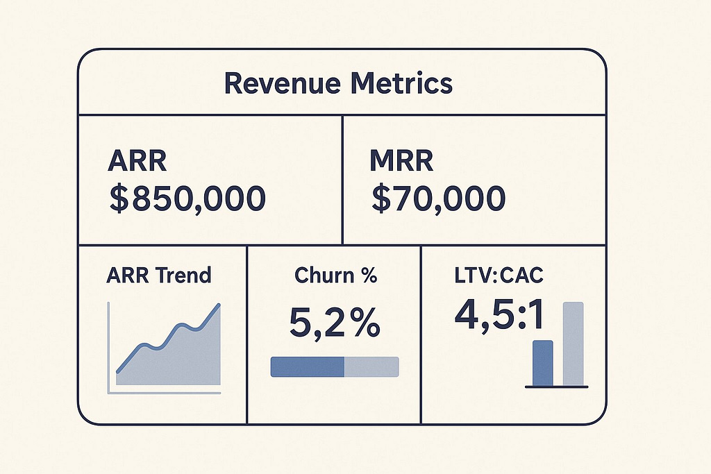 Flat-design revenue metrics dashboard showing ARR, MRR, churn rate, and LTV to CAC ratio