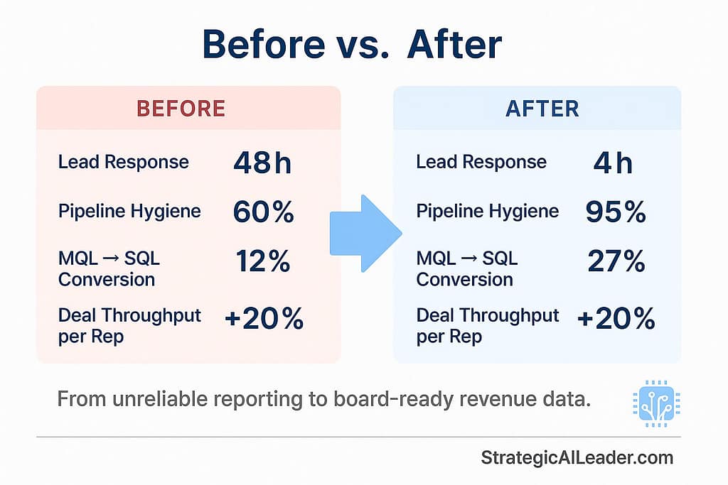 Flat-style infographic comparing sales operations metrics before and after system changes, showing improvements in lead response, pipeline hygiene, conversion, and throughput