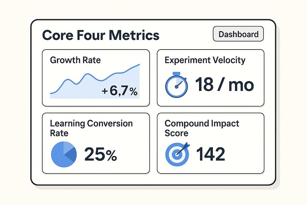 Mock dashboard showing Growth Rate, Experiment Velocity, Learning Conversion Rate, and Compound Impact Score