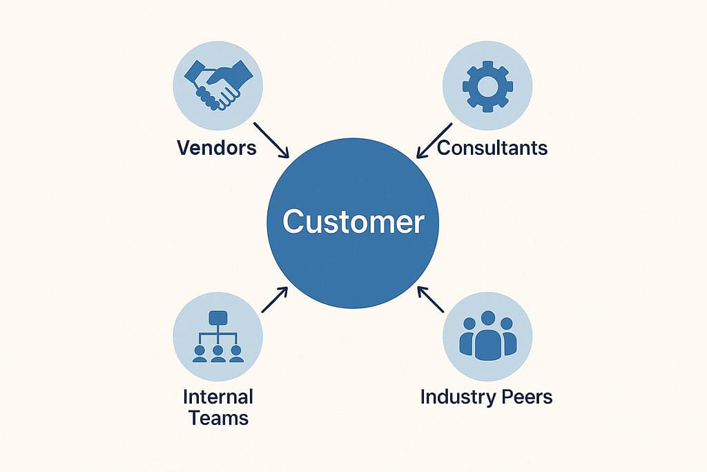 Customer ecosystem map with central customer node and connected stakeholders including vendors, consultants, internal teams, and industry peers