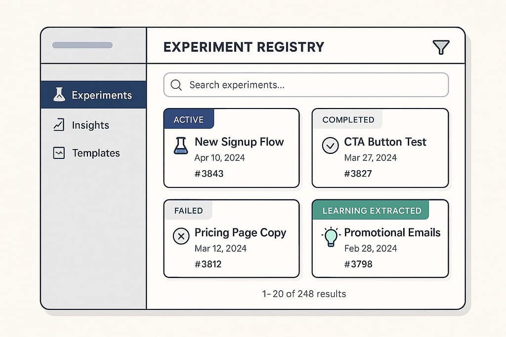 A modern, flat-style illustration of a centralized experiment tracking dashboard. The graphic features labeled experiment cards—Active, Completed, Failed, Learning Extracted—with search and filter icons, showcasing how teams log, track, and learn from growth experiments at scale.