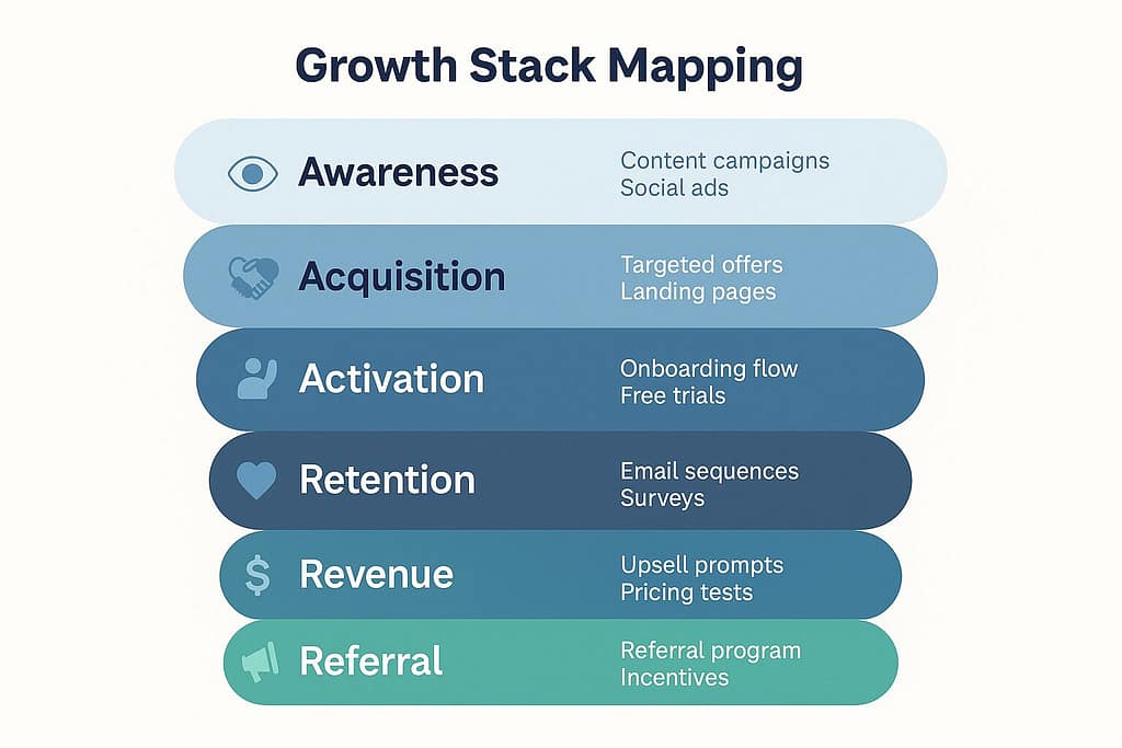 Growth Stack Mapping Diagram with Awareness, Acquisition, Activation, Retention, Revenue, and Referral