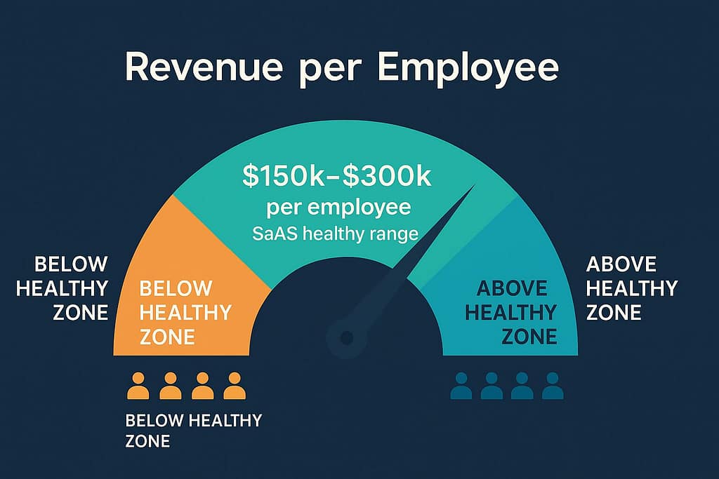 Gauge graphic illustrating SaaS revenue per employee benchmarks and healthy ranges