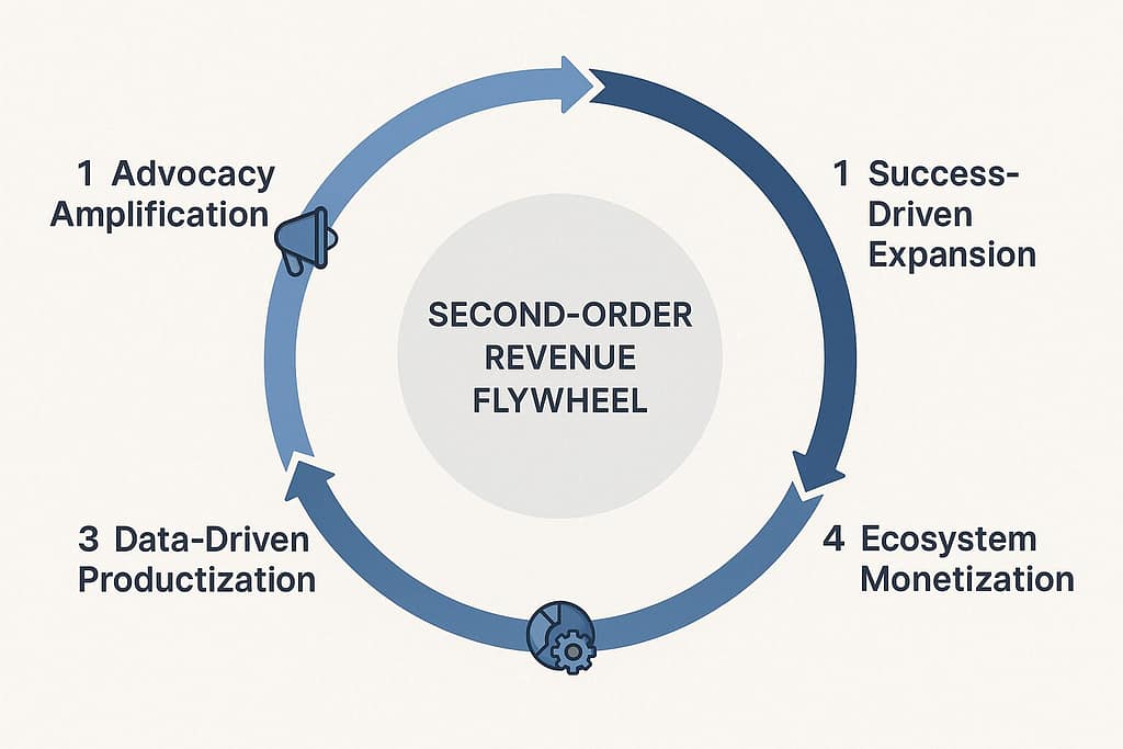 Second-Order Revenue Flywheel diagram with four labeled growth components