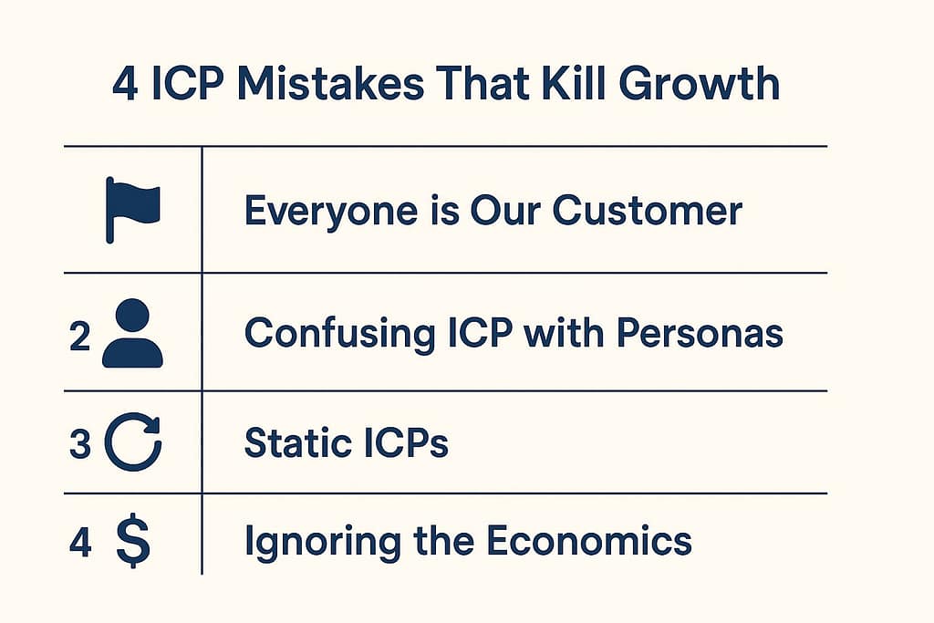 Flat-style infographic listing four ICP mistakes with corresponding icons and concise descriptions.
