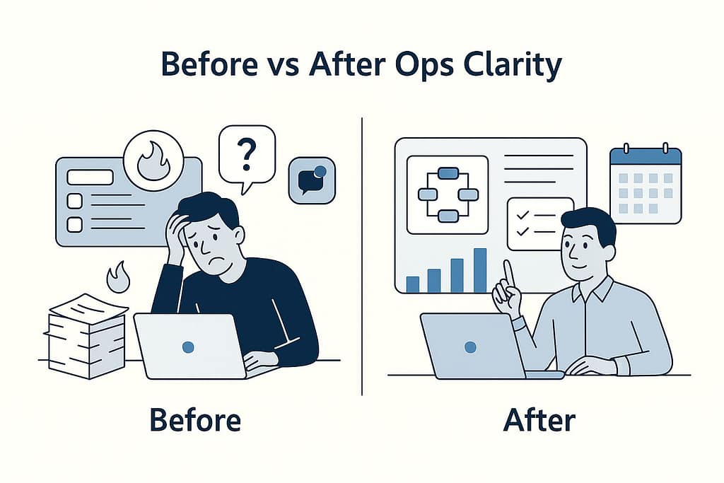 Side-by-side flat-style illustration comparing operational chaos—firefighting, Slack pings, and overwhelm—with operational clarity—organized dashboards, clear systems, and confident focus.