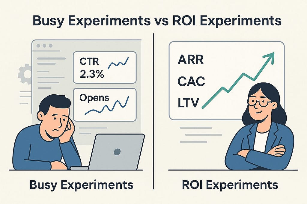 Flat-style split-screen illustration contrasting busy experiments with vanity metrics like CTR and opens against ROI experiments showing ARR, CAC, LTV revenue growth