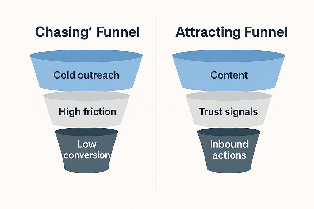 Flat design diagram comparing two funnels: a “Chasing” funnel with cold outreach, high friction, and low conversion, and an “Attracting” funnel with content, trust signals, and inbound actions.