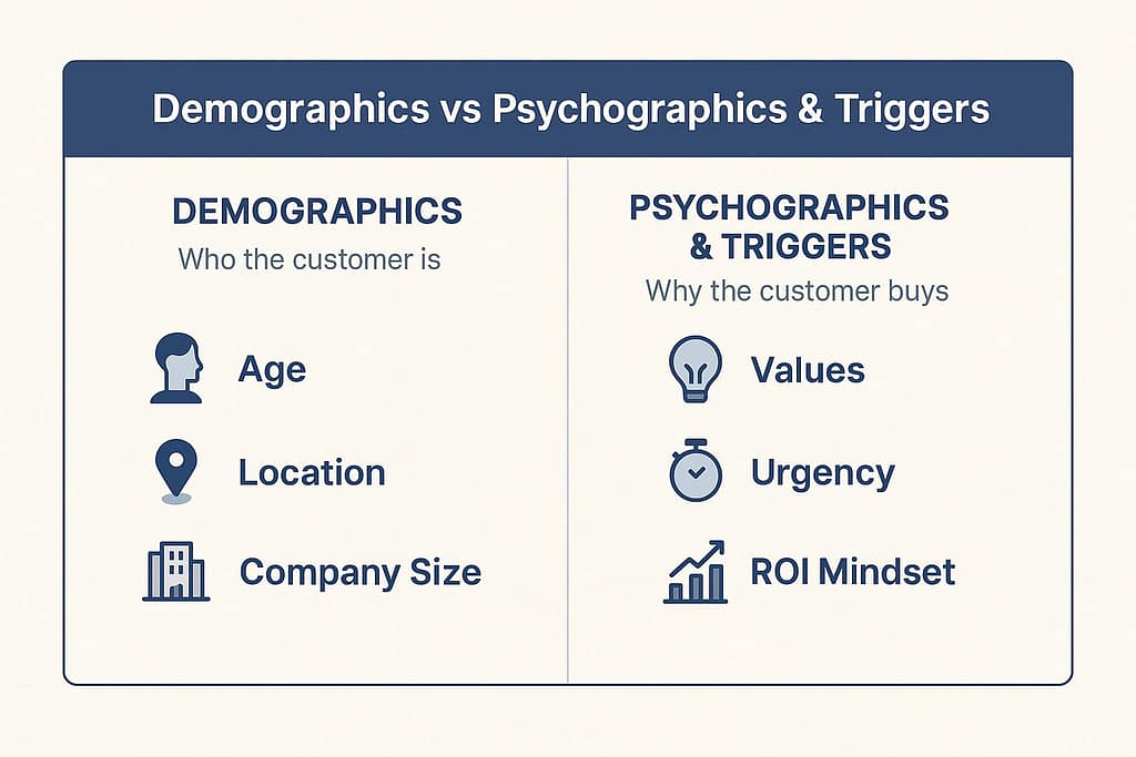Flat-style two-column chart showing demographics with icons for Age, Location, and Company Size versus psychographics with icons for Values, Urgency, and ROI Mindset.