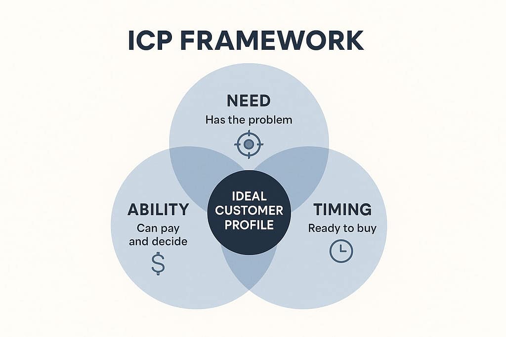 Flat-style Venn diagram with three circles labeled Need (has the problem), Ability (can pay and decide), and Timing (ready to buy), each with matching icons, overlapping to form the Ideal Customer Profile.