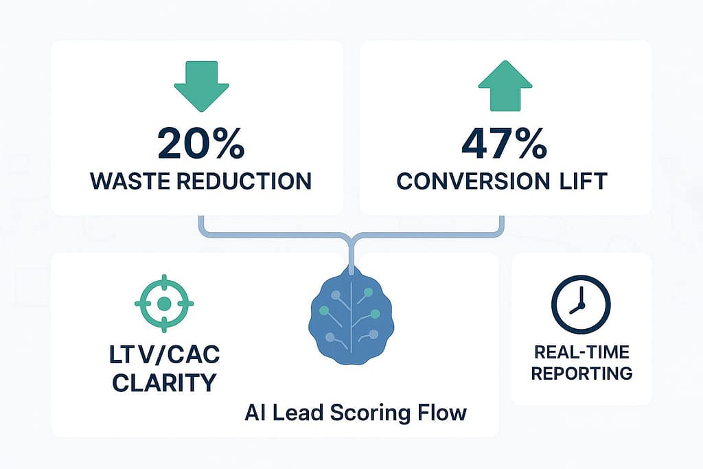 Flat-style B2B dashboard graphic showing four key marketing efficiency metrics in card layout: 20% Waste Reduction, 47% Conversion Lift, LTV/CAC Clarity, and Real-Time Reporting.