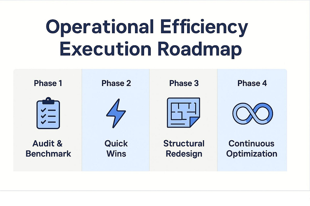 Horizontal infographic showing the four phases of the Operational Efficiency Execution Roadmap: Audit & Benchmark, Quick Wins, Structural Redesign, and Continuous Optimization.