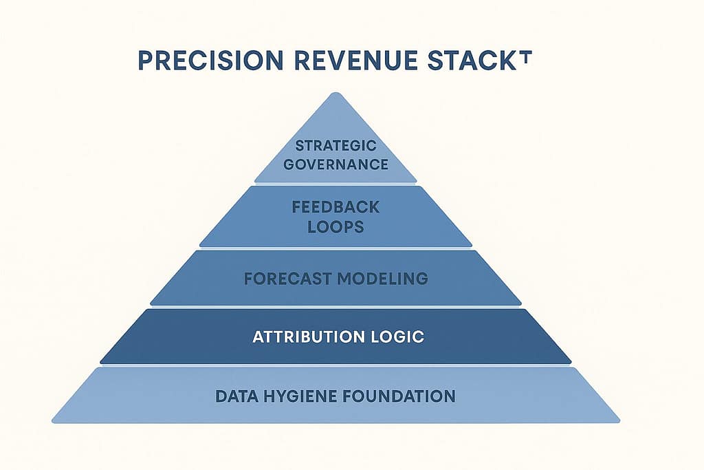 Layered pyramid showing the five components of the Precision Revenue Stack: Data Hygiene Foundation, Attribution Logic, Forecast Modeling, Feedback Loops, and Strategic Governance