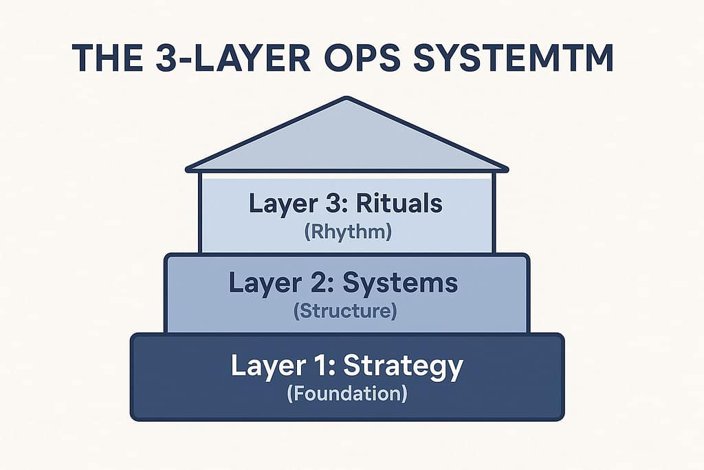 Flat-style infographic showing the 3-Layer Ops System with Strategy as the foundation, Systems as structure, and Rituals as rhythm.