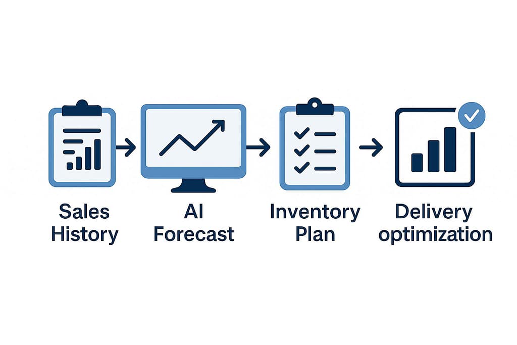 Flow diagram showing sales history, AI forecast, inventory plan, delivery optimization, and results