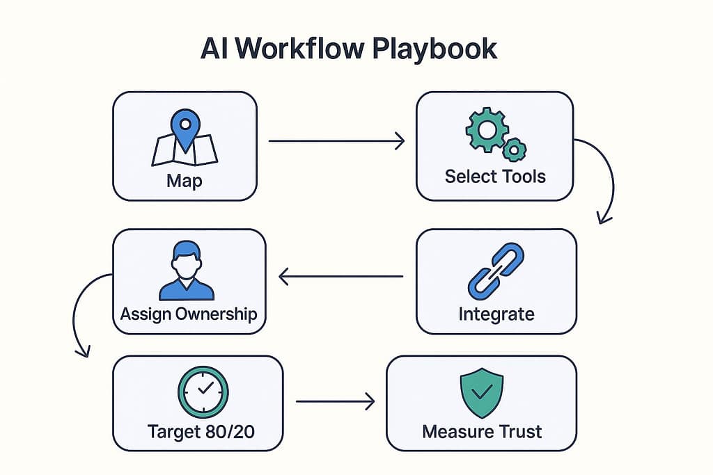 Flat-style infographic showing a six-step AI Workflow Playbook process with icons and arrows for Map, Select Tools, Integrate, Target 80/20, Measure Trust, and Assign Ownership