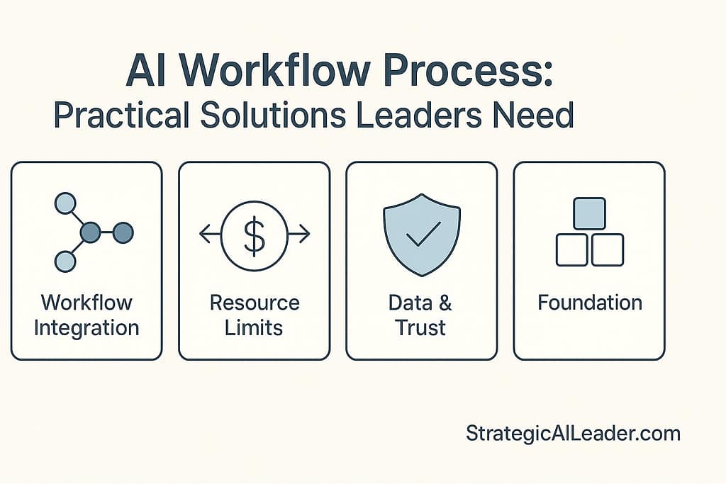 Flat-style infographic showing four AI workflow barriers and solutions: workflow integration, resource limits, data and trust, and foundation