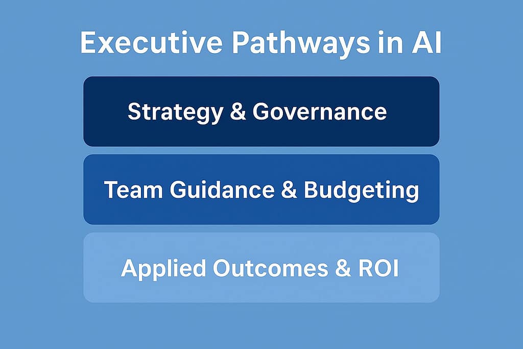 Flat-style infographic showing three stacked layers labeled Strategy & Governance, Team Guidance & Budgeting, and Applied Outcomes & ROI