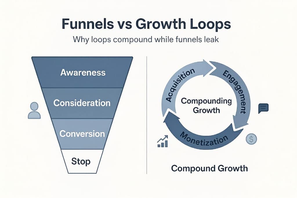 Flat-style infographic comparing funnels and growth loops. Funnel shows awareness, consideration, conversion, and stop with growth stopping, while the loop shows acquisition, engagement, monetization, and retention driving compounding growth.