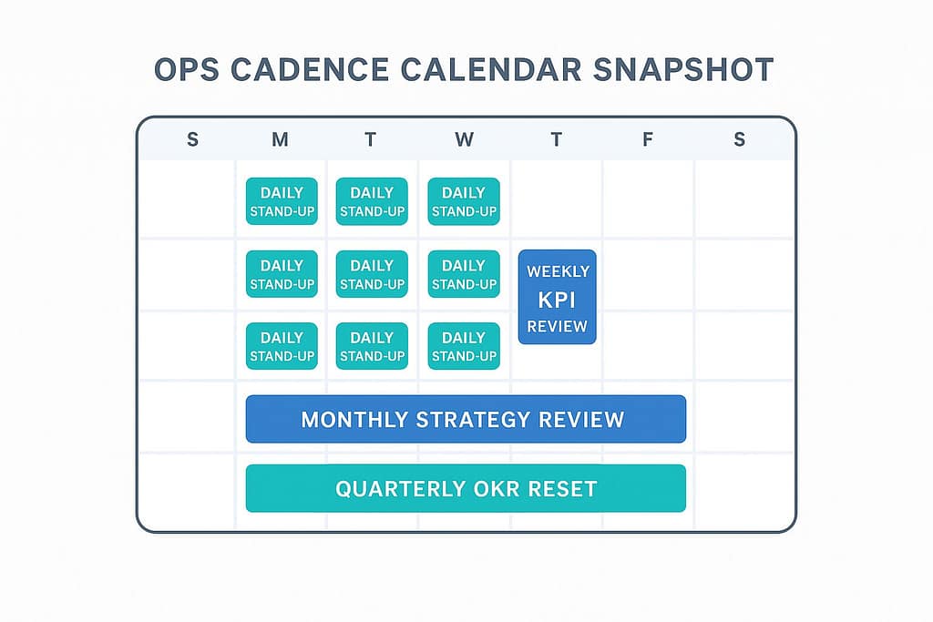 Flat-style calendar showing daily stand-ups across weekdays, a weekly KPI review, a monthly strategy review, and a quarterly OKR reset with clear color hierarchy.