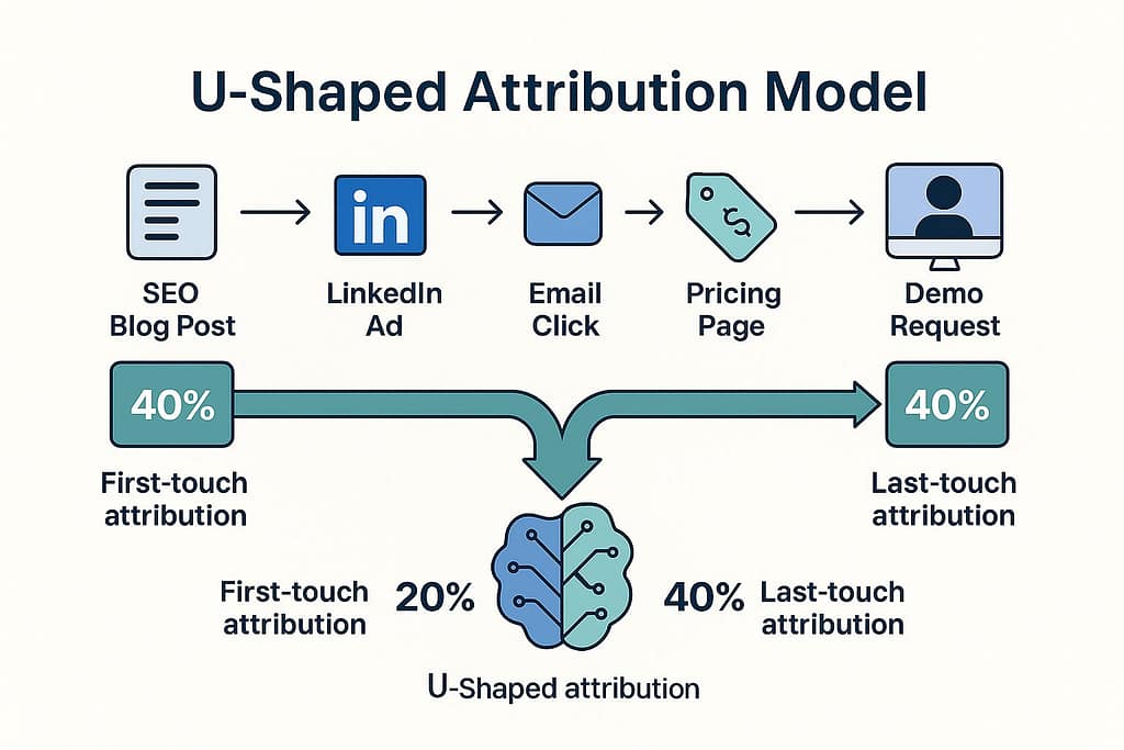Flat-style B2B infographic showing a U-shaped multi-touch attribution model with six touchpoints from SEO blog post to demo request. First and last touches emphasized at 40% each, middle touches evenly split at 5% each.