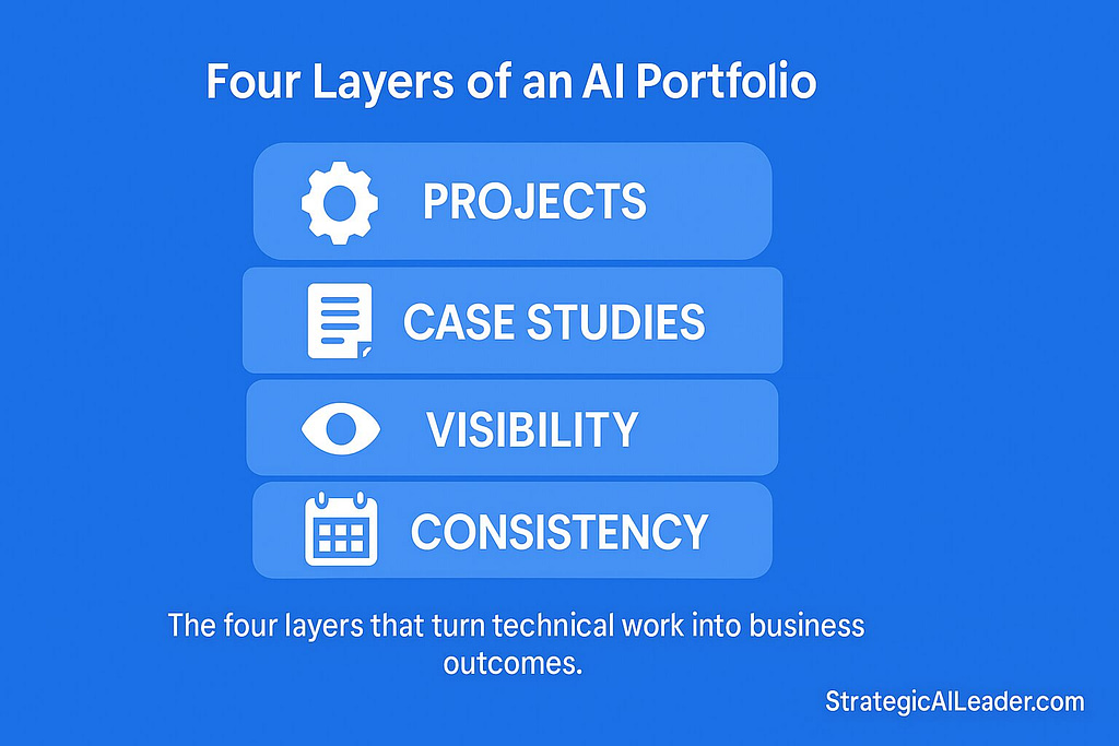 Flat-style stacked layers diagram with icons showing projects, case studies, visibility, and consistency, branded with StrategicAILeader.com