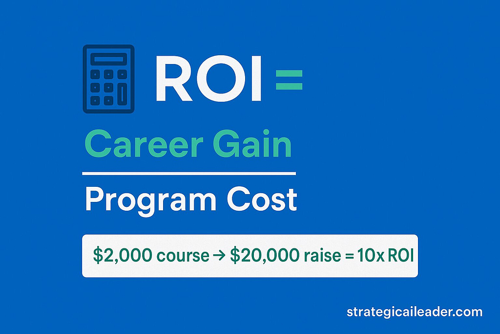 Flat-style infographic showing ROI formula with example $2,000 course leading to $20,000 raise, illustrating 10x ROI