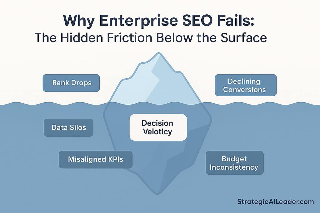 Flat-style infographic showing visible SEO issues like rank drops and hidden organizational friction points such as silos, misaligned KPIs, and budget inconsistency