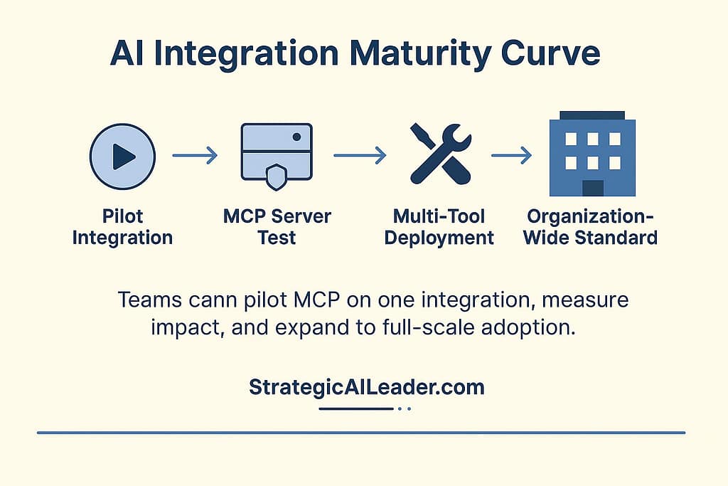 Flat-style infographic showing the four stages of AI integration maturity: Pilot Integration, MCP Server Test, Multi-Tool Deployment, and Organization-Wide Standard. Each stage is represented with icons and arrows illustrating progressive MCP adoption from pilot testing to full enterprise standardization.