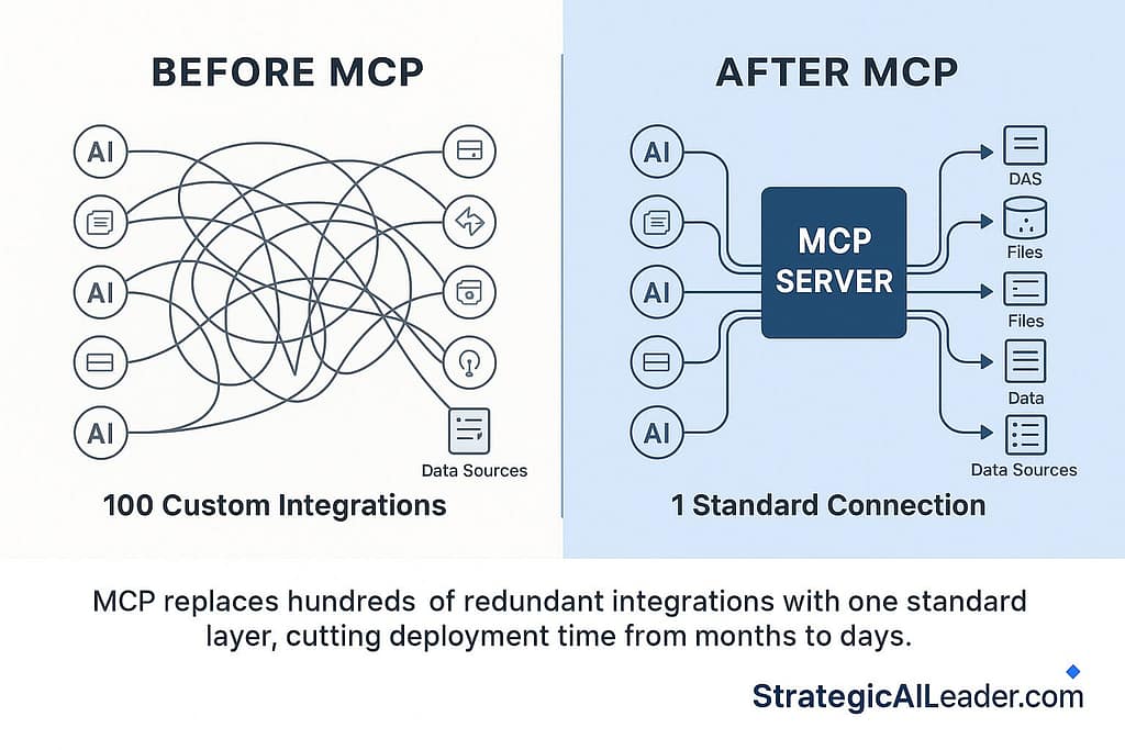 Flat-style comparison chart showing AI integration complexity before and after the Model Context Protocol. The left panel depicts tangled connections between AI tools and data sources, while the right panel shows a centralized MCP Server hub with clean, simplified links.